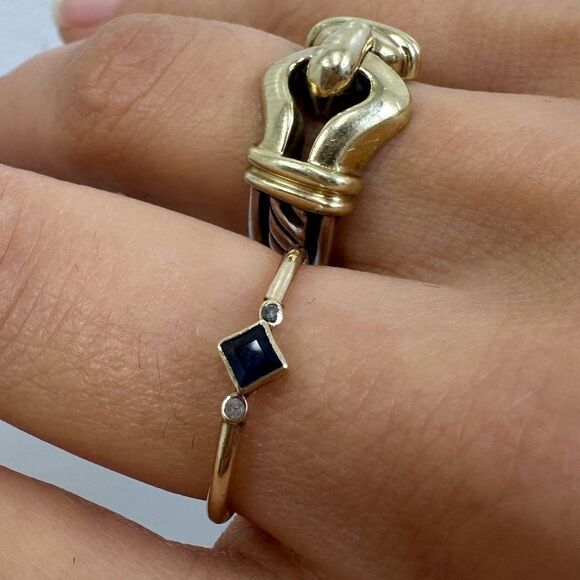 Vintage 8K Solid Gold Blue Saphire & Diamond Dainty Stacking Ring Size 6.75 - Picture 5 of 11